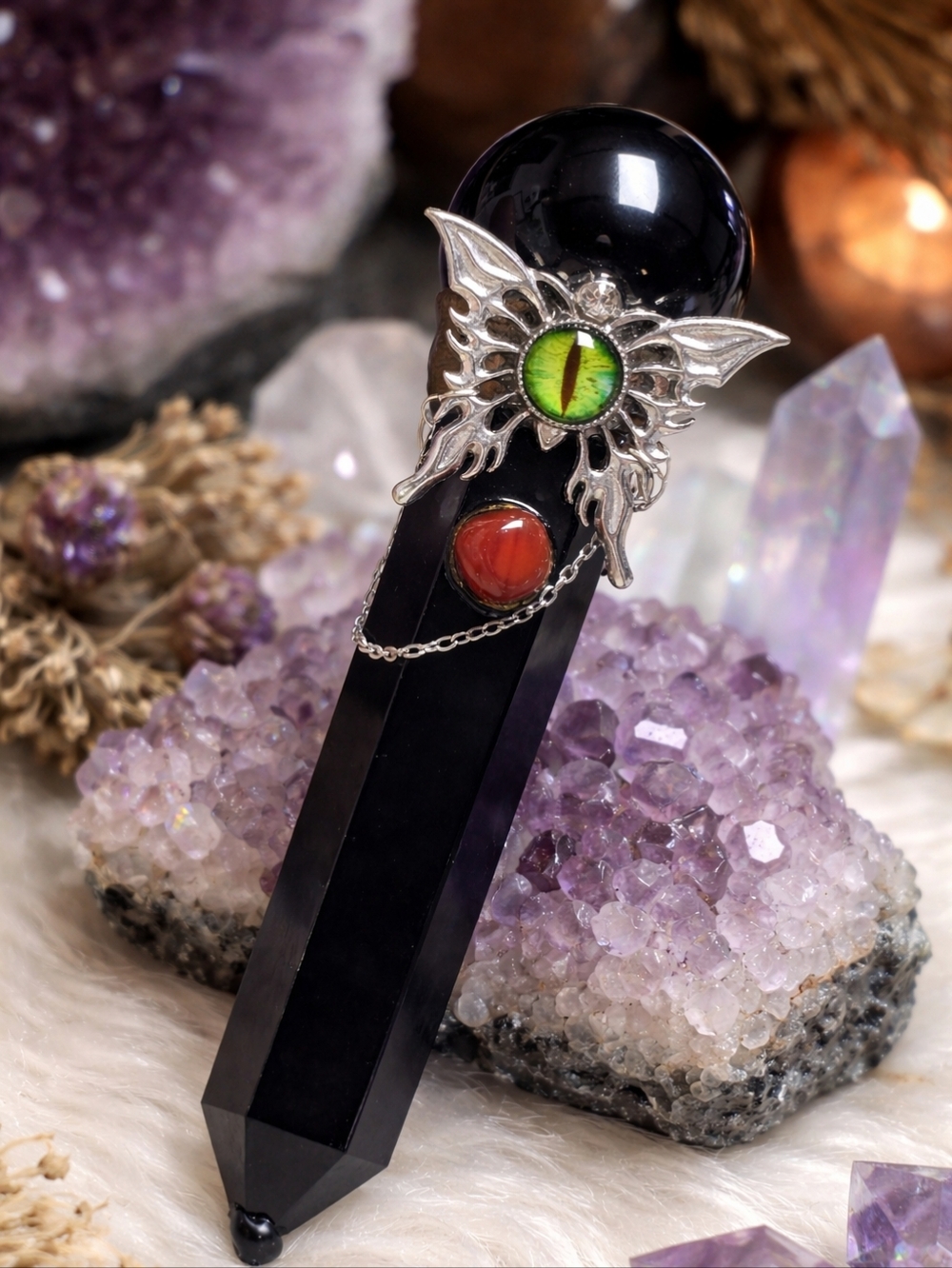 Black Obsidian Crystal Wand Dragon Eye Pendant Gothic Witchy Decor Healing Riki